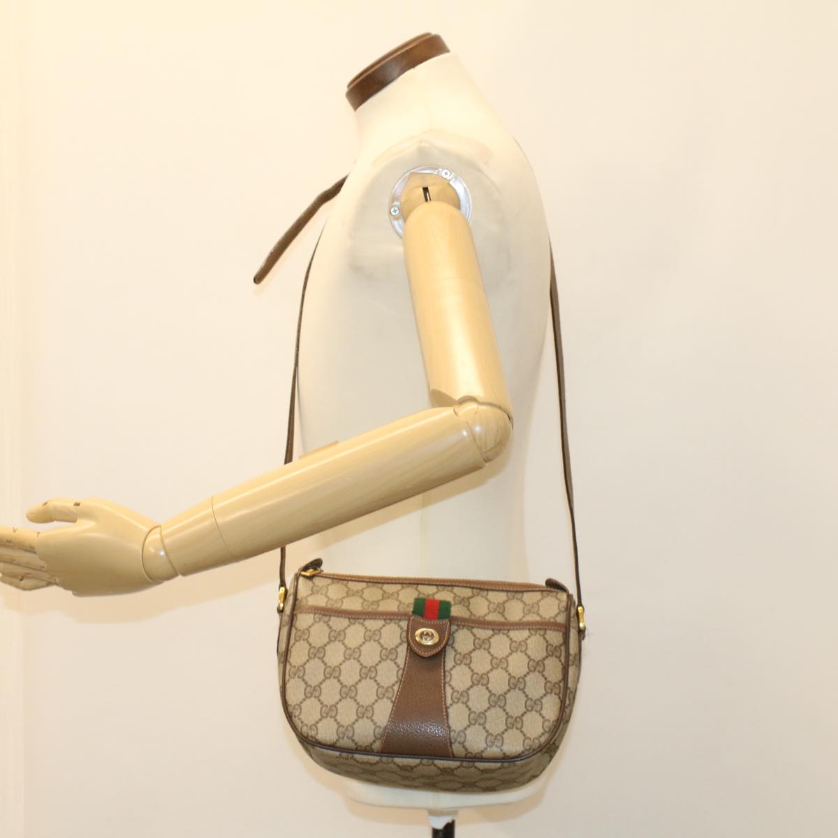 GUCCI GG Canvas Web Sherry Line Shoulder Bag PVC Leather Beige Red ep1392