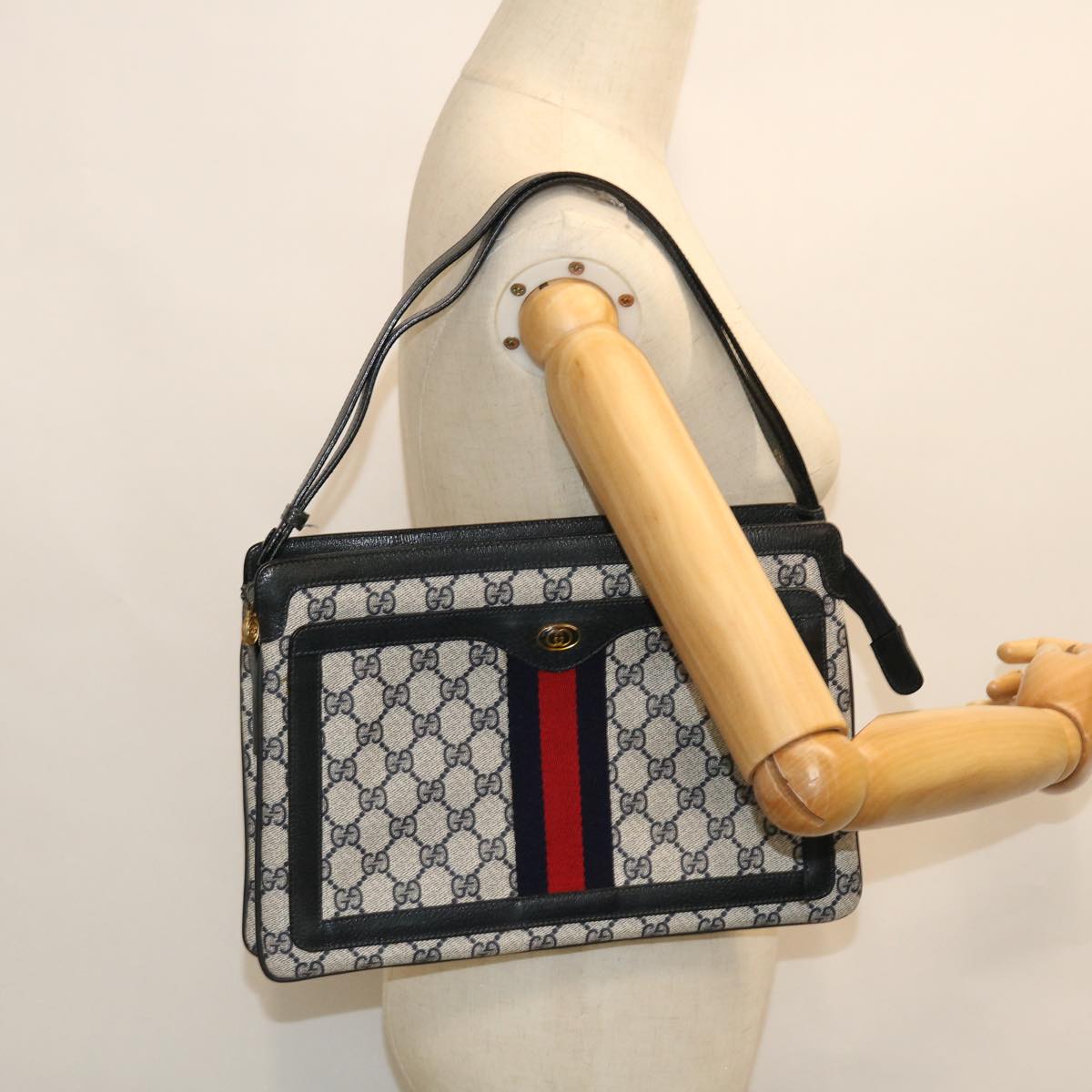 GUCCI GG Canvas Sherry Line Shoulder Bag PVC Leather Gray Navy Red ep1436