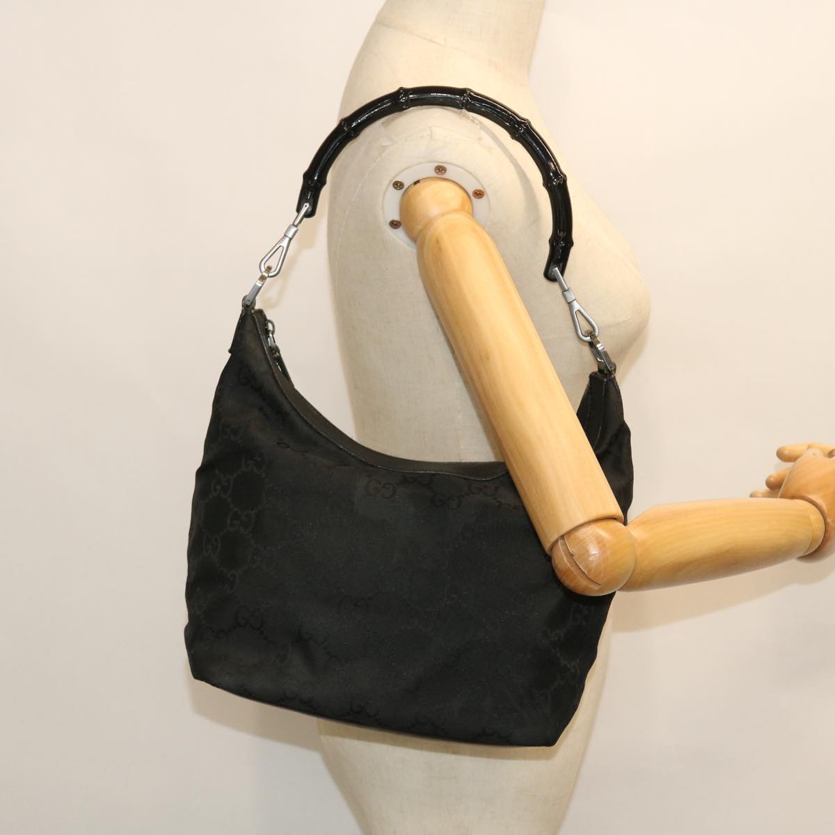GUCCI GG Canvas Bamboo Shoulder Bag Nylon Black ep1463