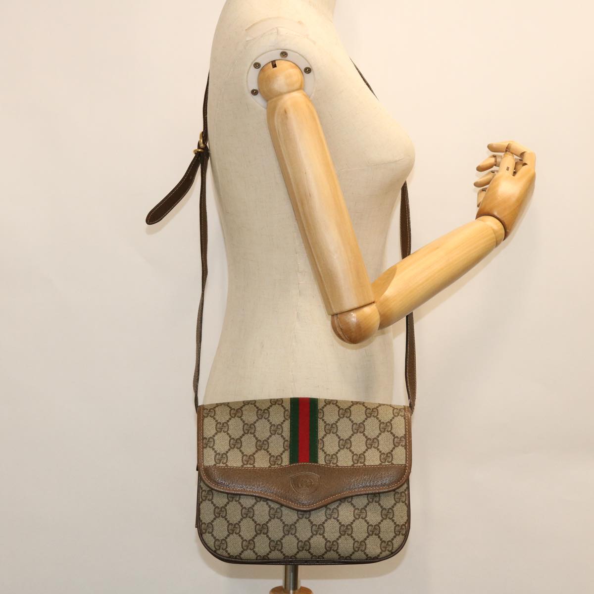 GUCCI GG Canvas Web Sherry Line Shoulder Bag PVC Leather Beige Red ep1504