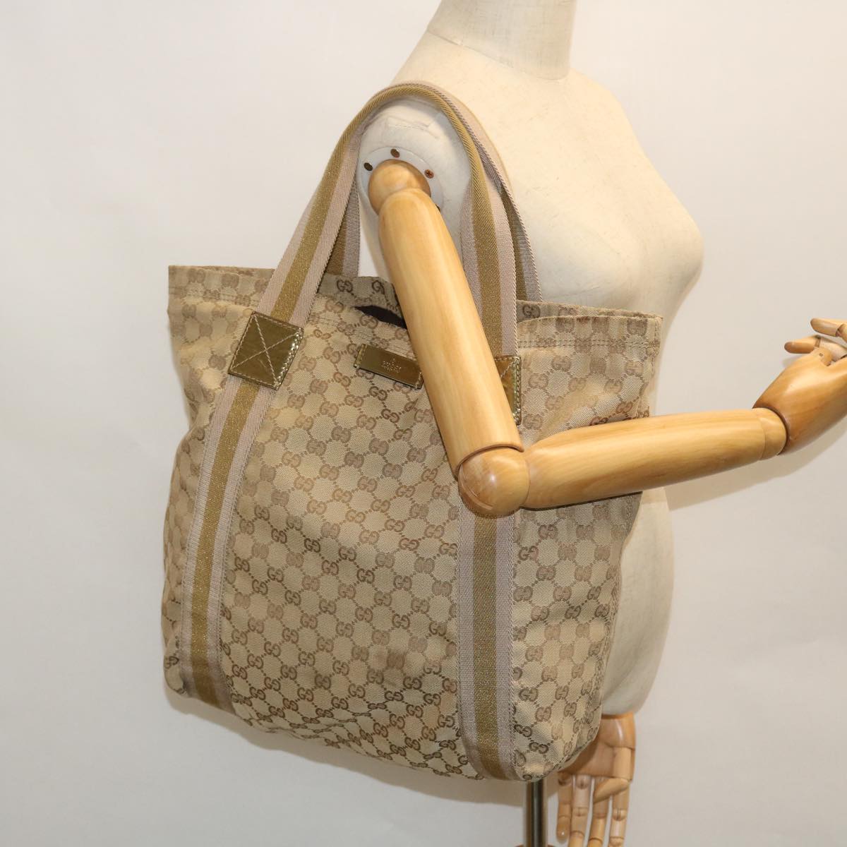 GUCCI GG Canvas Sherry Line Tote Bag Beige Pink gold 189669 ep1541