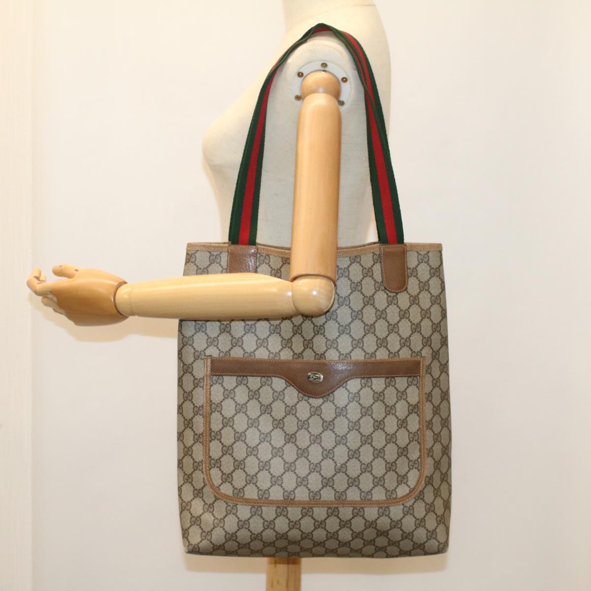 GUCCI GG Canvas Web Sherry Line Tote Bag Beige Green Red 39 02 003 ep1854