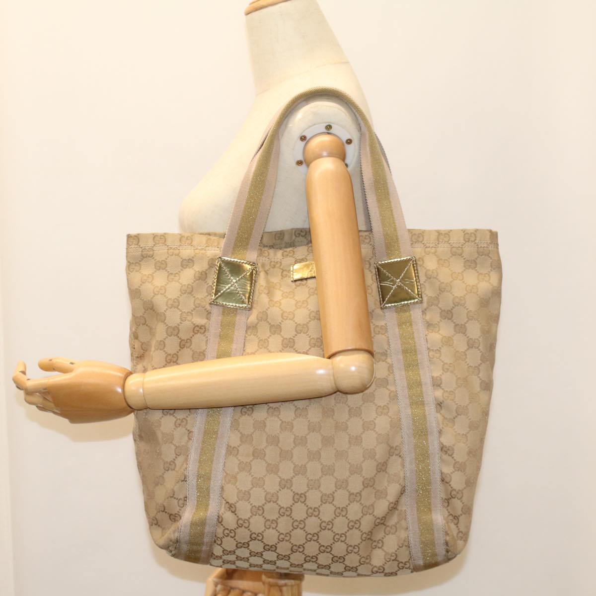 GUCCI GG Canvas Sherry Line Tote Bag Beige Pink Khaki 189669 ep1863