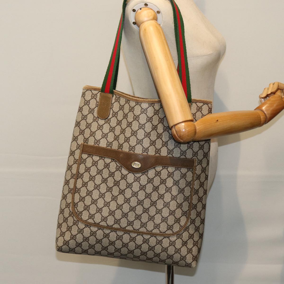 GUCCI GG Supreme Web Sherry Line Tote Bag PVC Red Beige Green ep4242