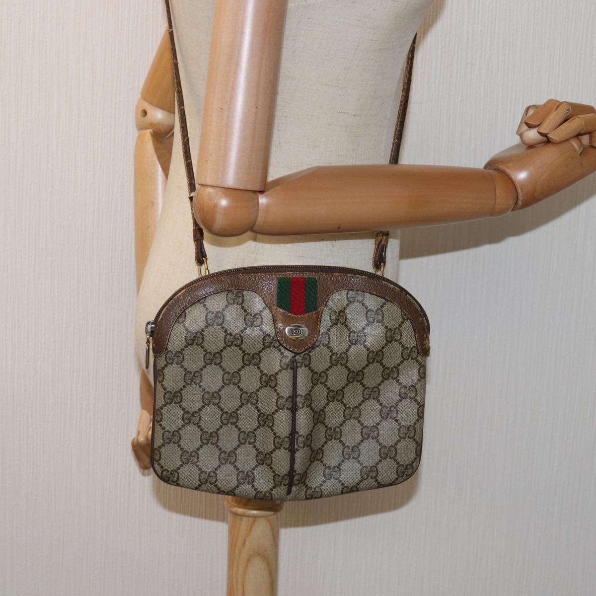 GUCCI GG Supreme Web Sherry Line Shoulder Bag PVC Leather Beige ep4265