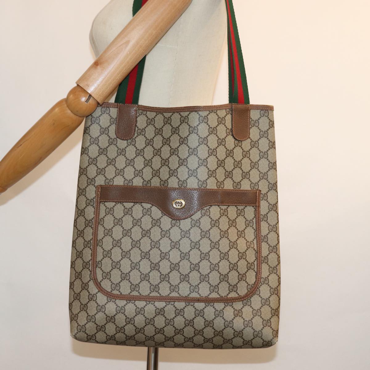 GUCCI GG Supreme Web Sherry Line Tote Bag Beige Red Green 89 02 003 ep4366