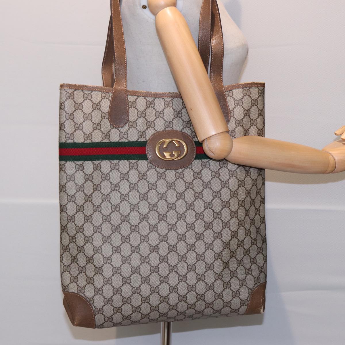 GUCCI GG Supreme Web Sherry Line Tote Bag PVC Beige Red Green ep4684