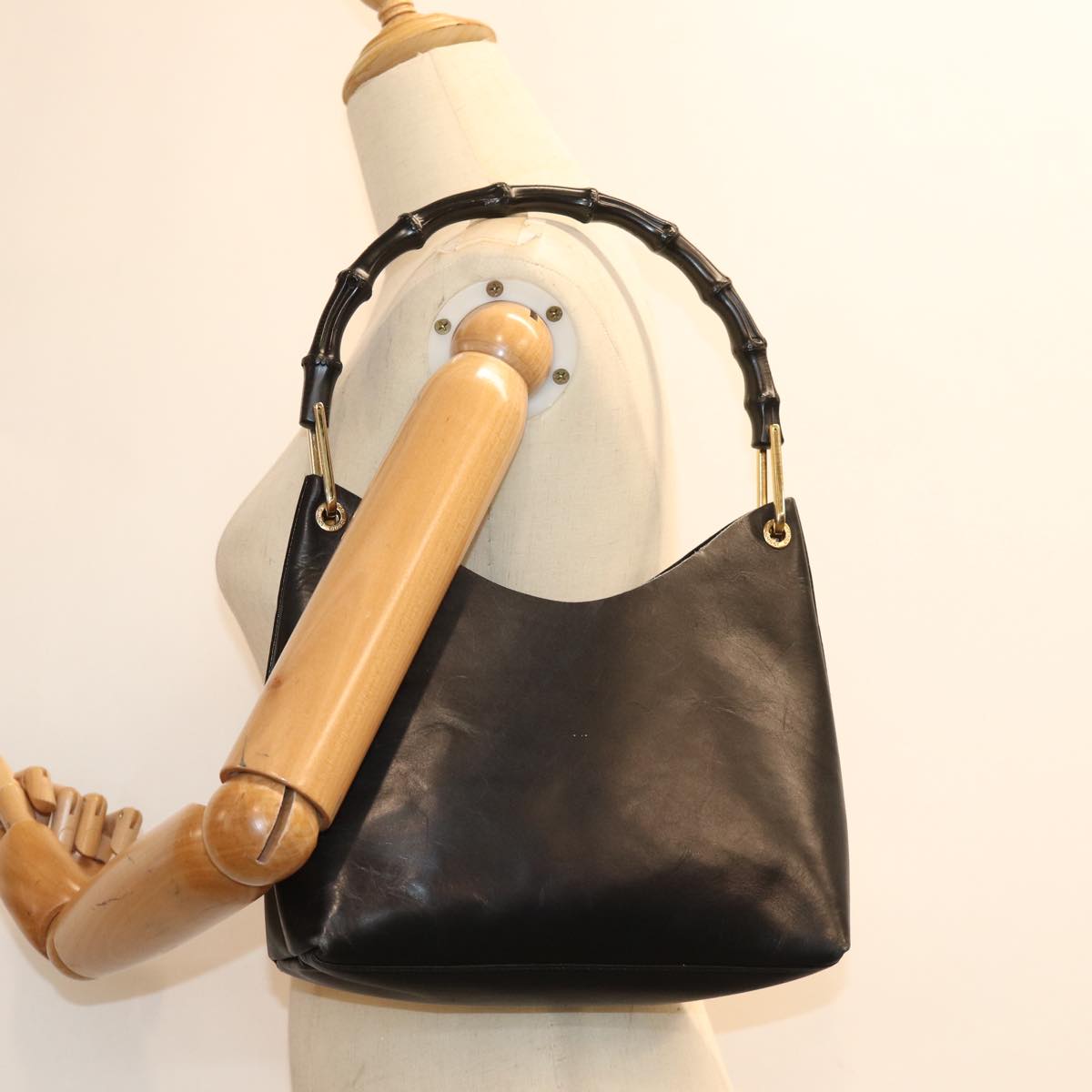 GUCCI Bamboo Shoulder Bag Leather Black 001 1998 1883 ep4796