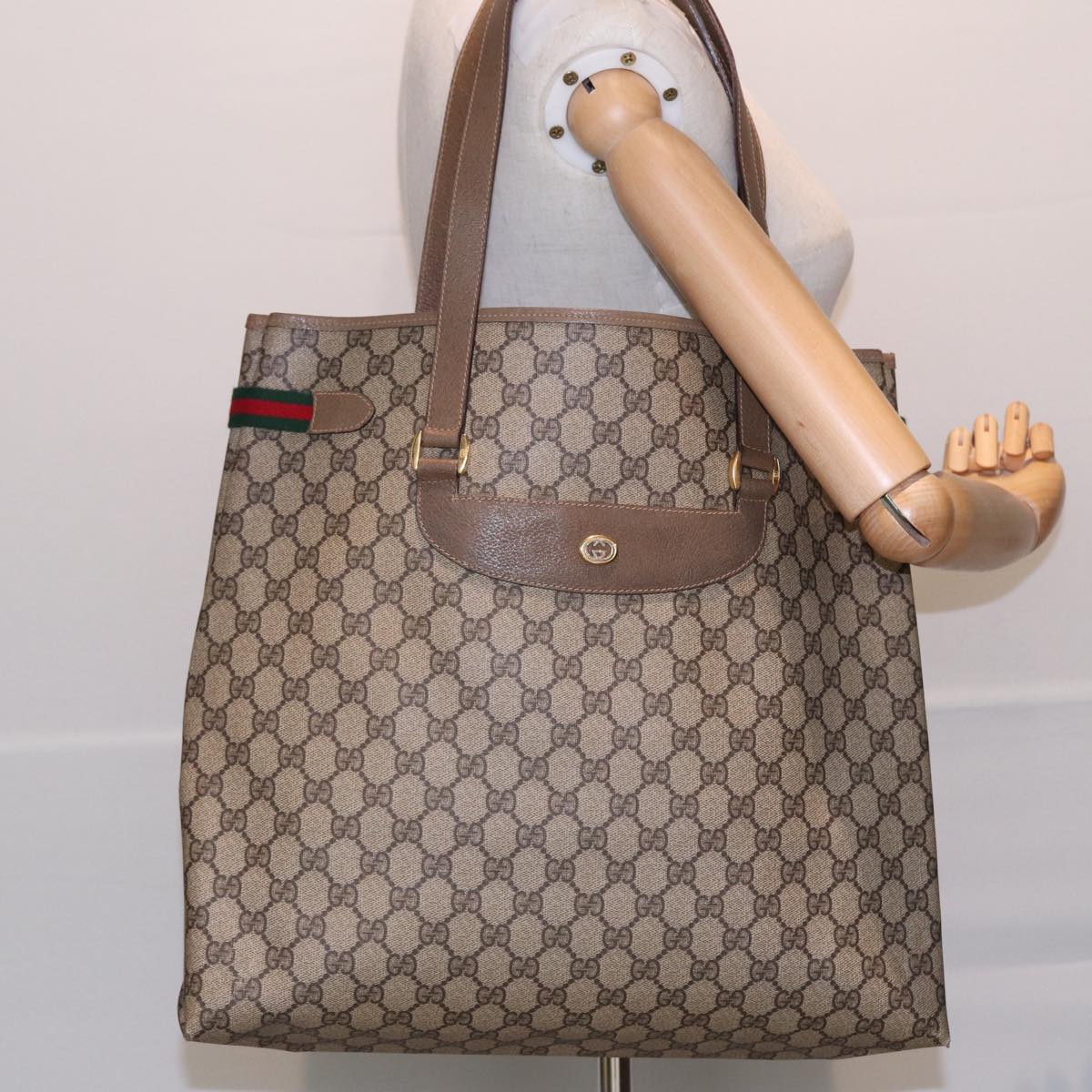 GUCCI GG Supreme Web Sherry Line Tote Bag PVC Beige Red 39 02 091 ep4842
