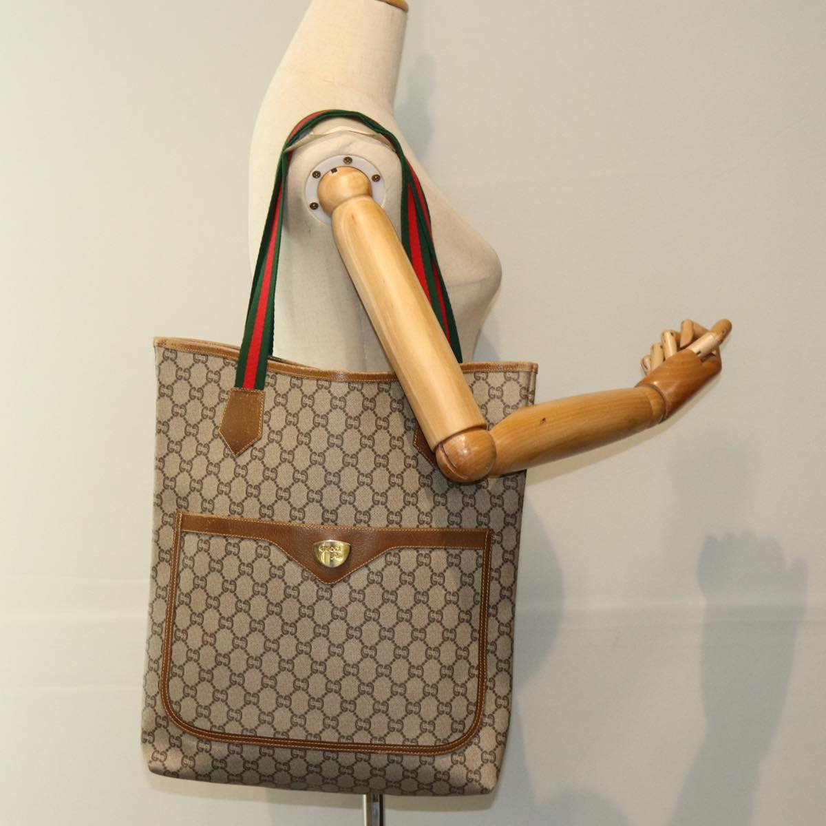 GUCCI GG Plus Supreme Web Sherry Line Tote Bag PVC Beige Red Green ep4936