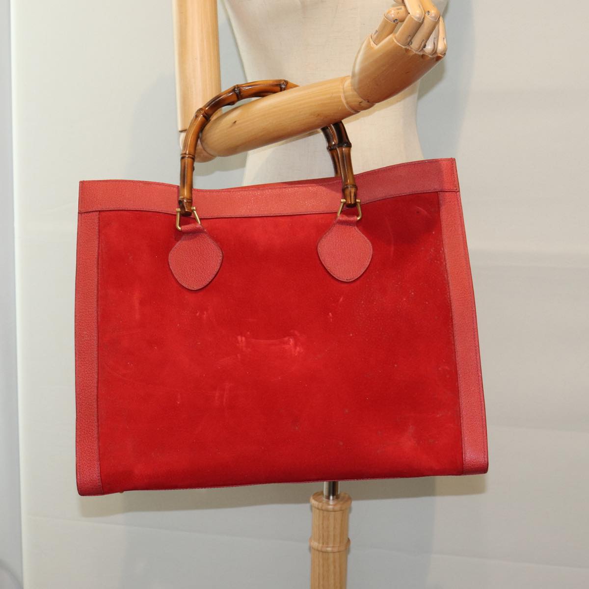 GUCCI Bamboo Tote Bag Suede Red ep5090