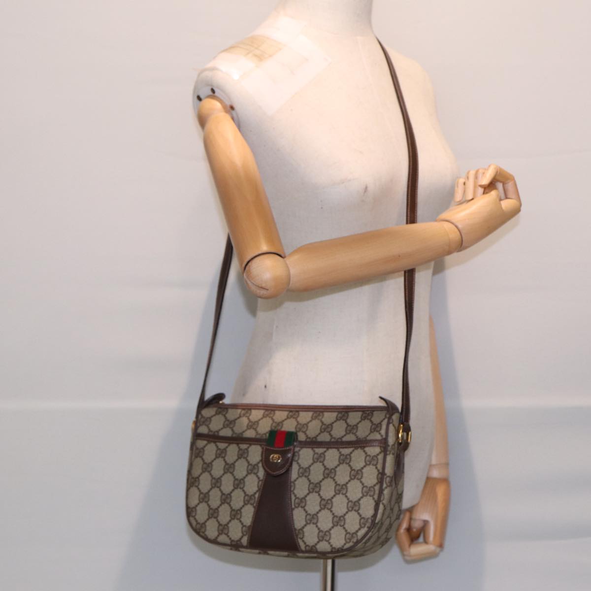 GUCCI GG Canvas Web Sherry Line Shoulder Bag PVC Beige Green Red ep5156