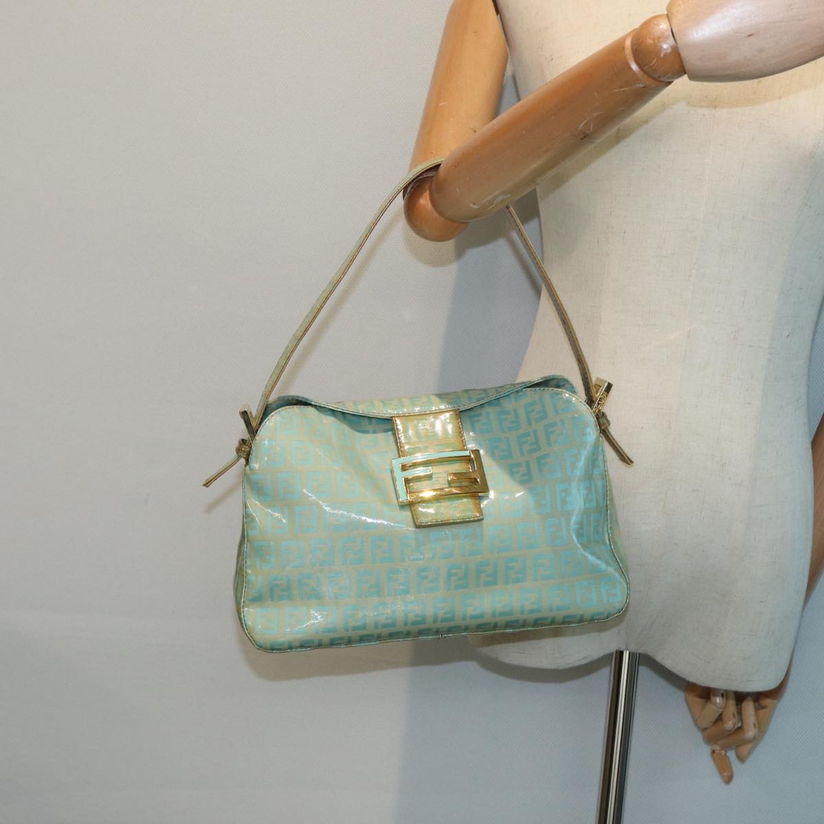 FENDI Zucchino Canvas Mamma Baguette Shoulder Bag Enamel Gold Green ep5220