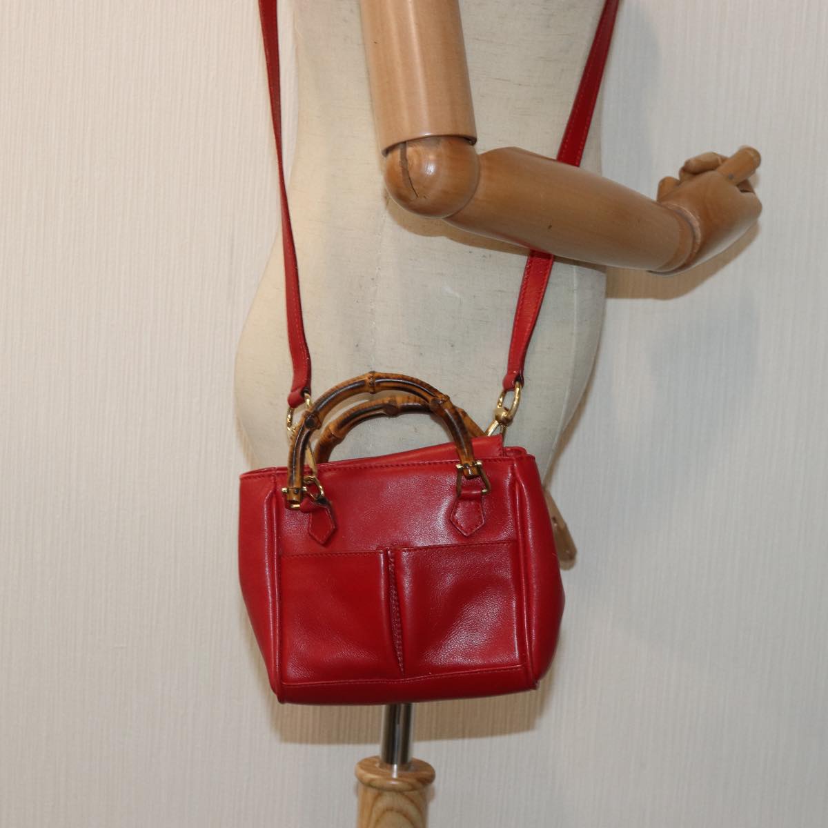 GUCCI Bamboo Hand Bag Leather 2way Red Gold 007 1793 0238 ep5221