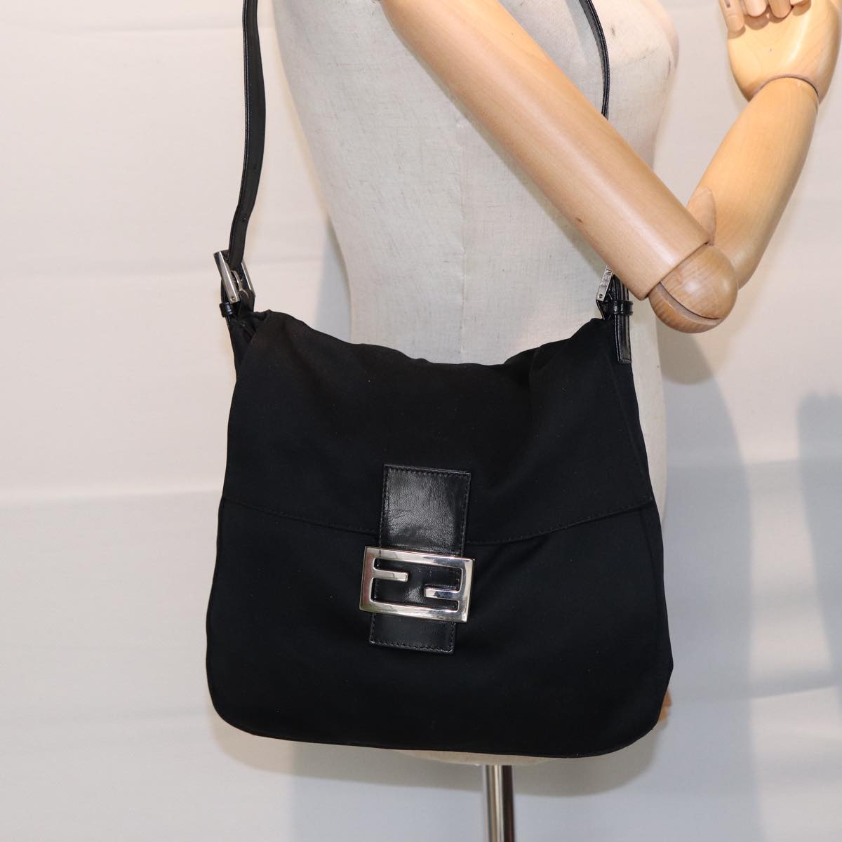 FENDI Mamma Baguette Shoulder Bag Nylon Black Silver ep5222