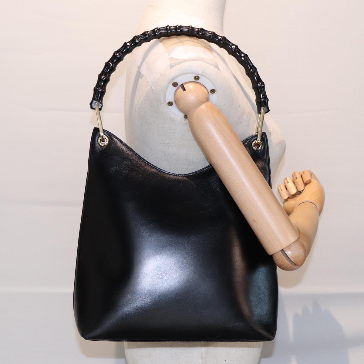 GUCCI Bamboo Hand Bag Leather Black Gold 001 3007 ep5226