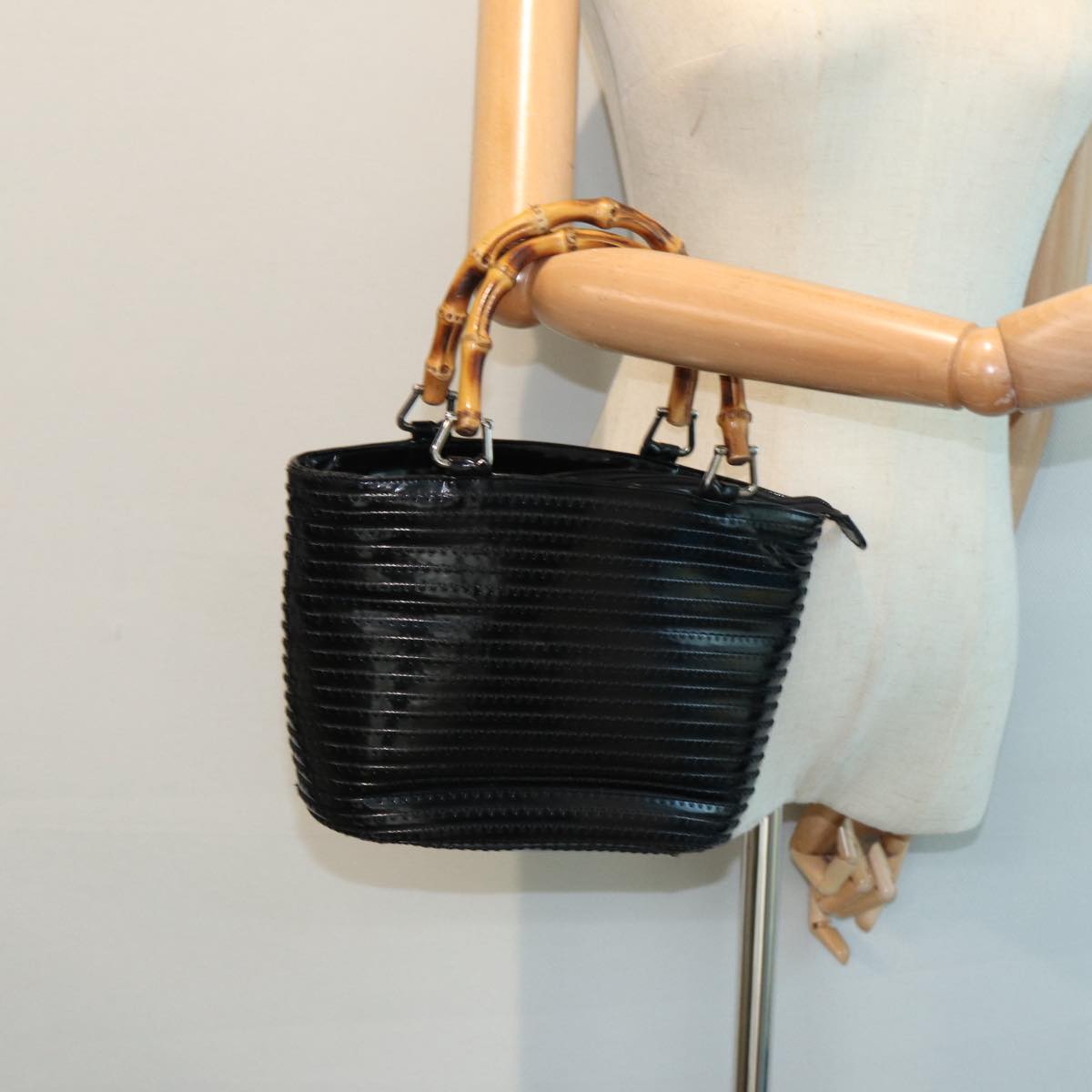 GUCCI Bamboo Hand Bag Enamel Black Silver ep5233