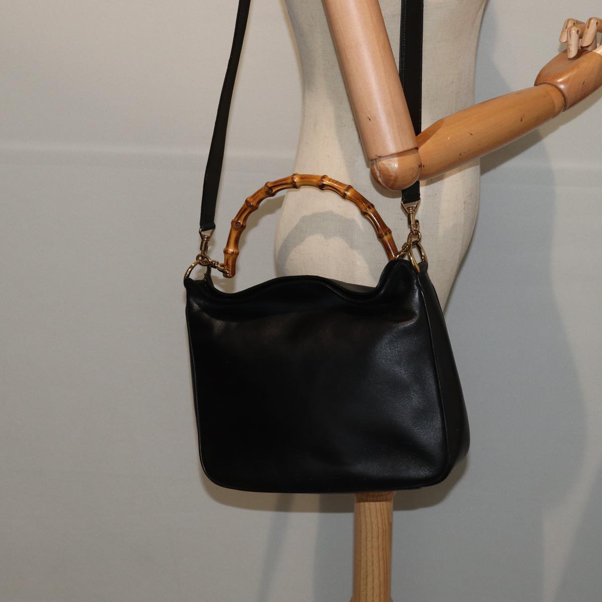 GUCCI Bamboo Hand Bag Leather 2way Black Gold 001 1638 ep5360