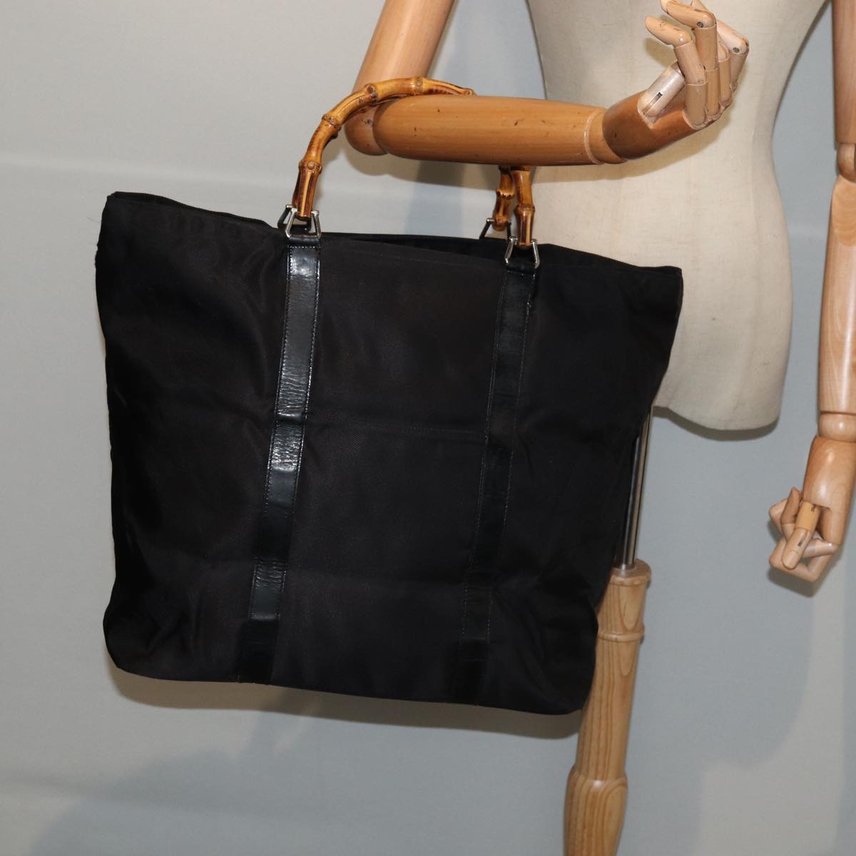 GUCCI Bamboo Tote Bag Nylon Black Silver 002 2058 0412 5 ep5369