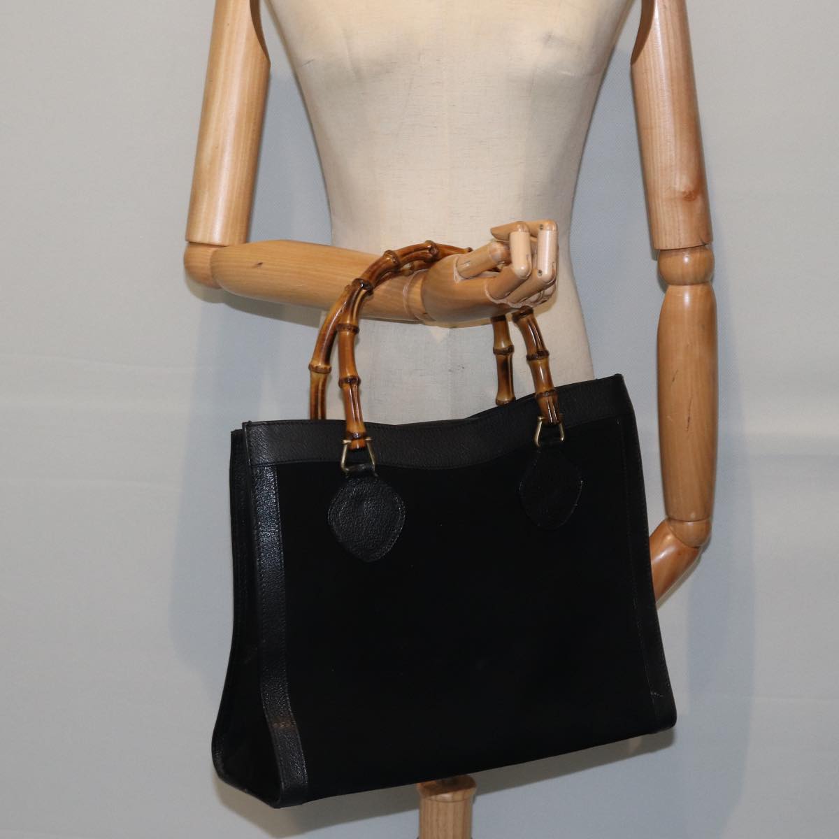 GUCCI Bamboo Hand Bag Suede Leather Black Gold 002 1186 0260 ep5511