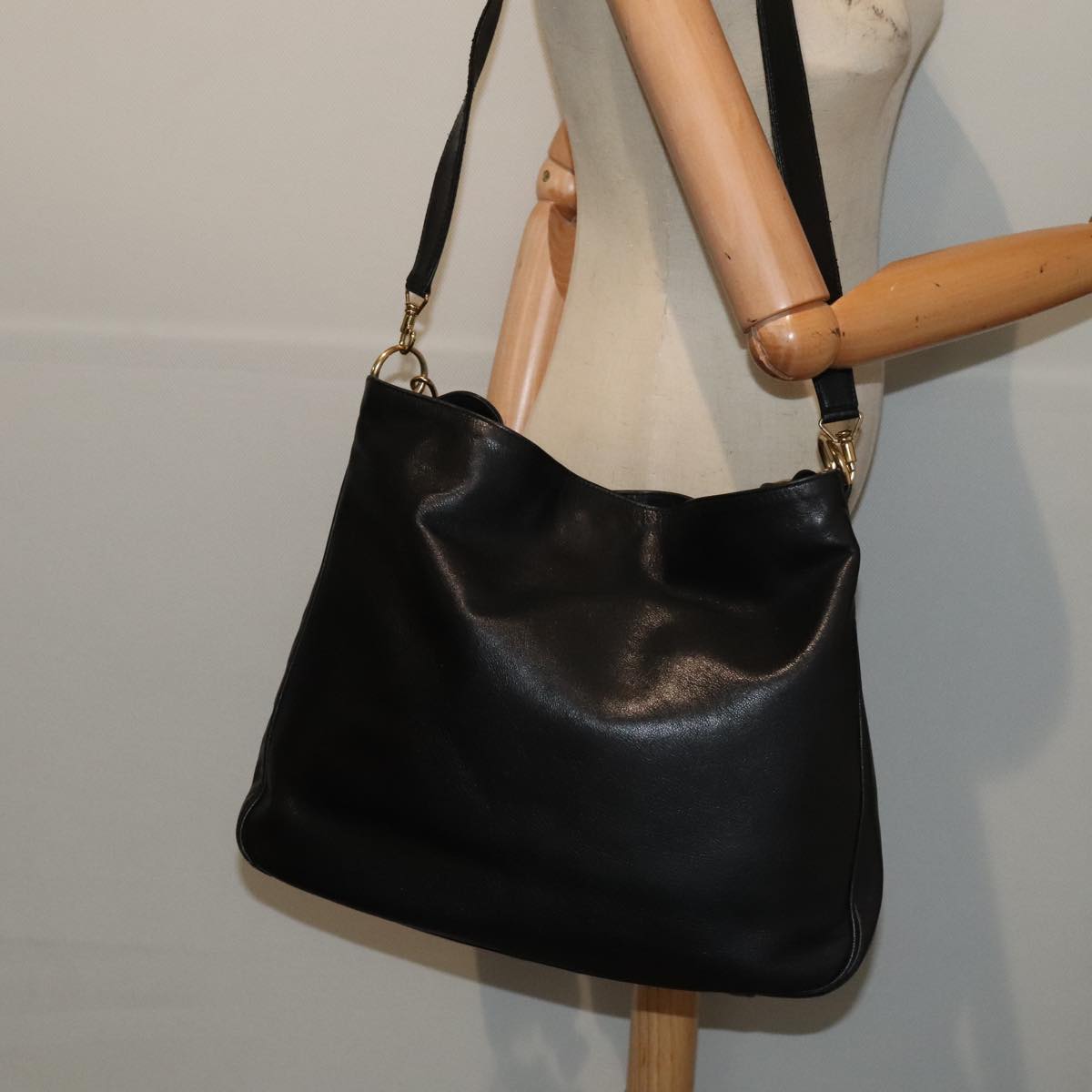 GUCCI Bamboo Shoulder Bag Leather 2way Black Gold 001 1998 1577 ep5534