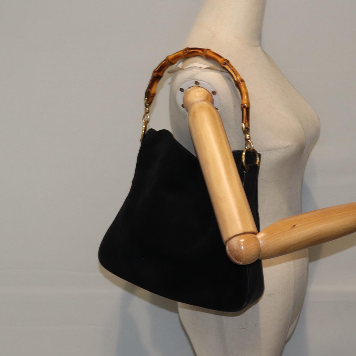 GUCCI Bamboo Hand Bag Suede Black Gold 001 2113 1638 ep5589
