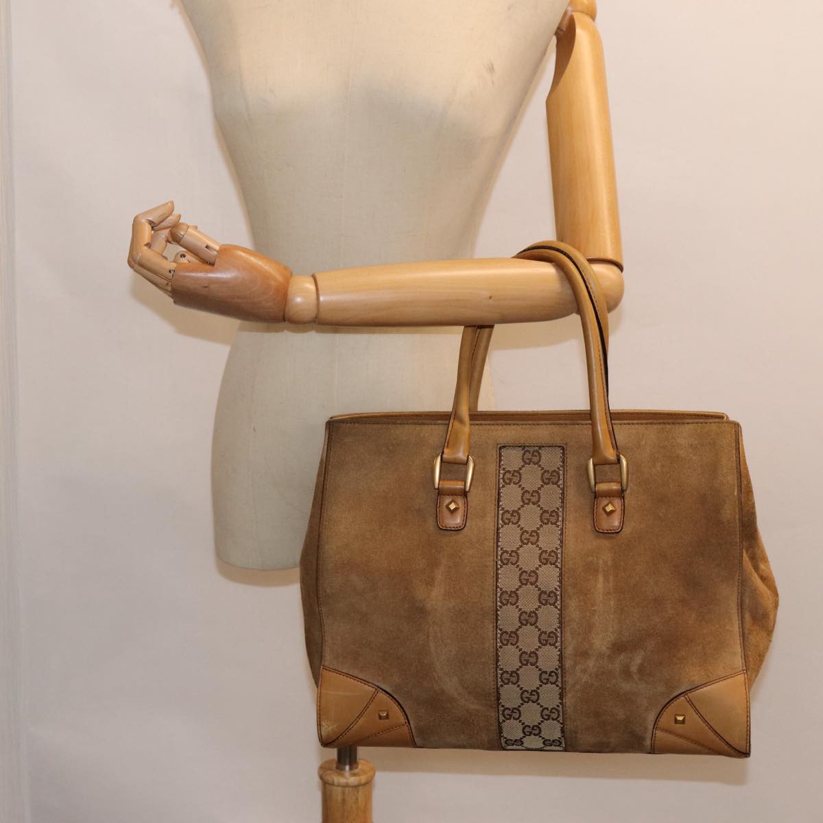 GUCCI GG Canvas Hand Bag Suede Canvas Beige 120897 ep5591
