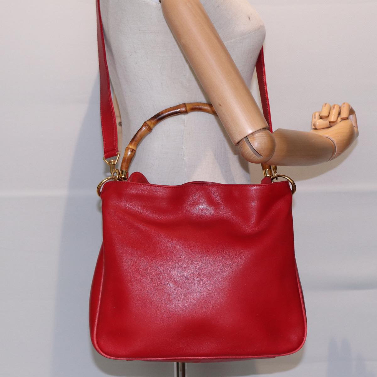 GUCCI Bamboo Hand Bag Leather 2way Red Gold 001 2404 16380 ep5631