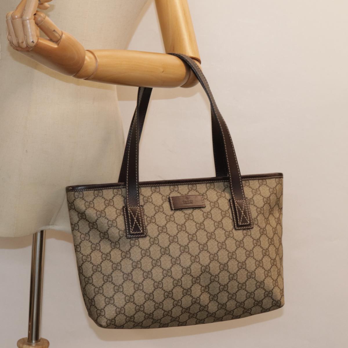 GUCCI GG Supreme Tote Bag PVC Leather Beige Silver 211138 ep5654