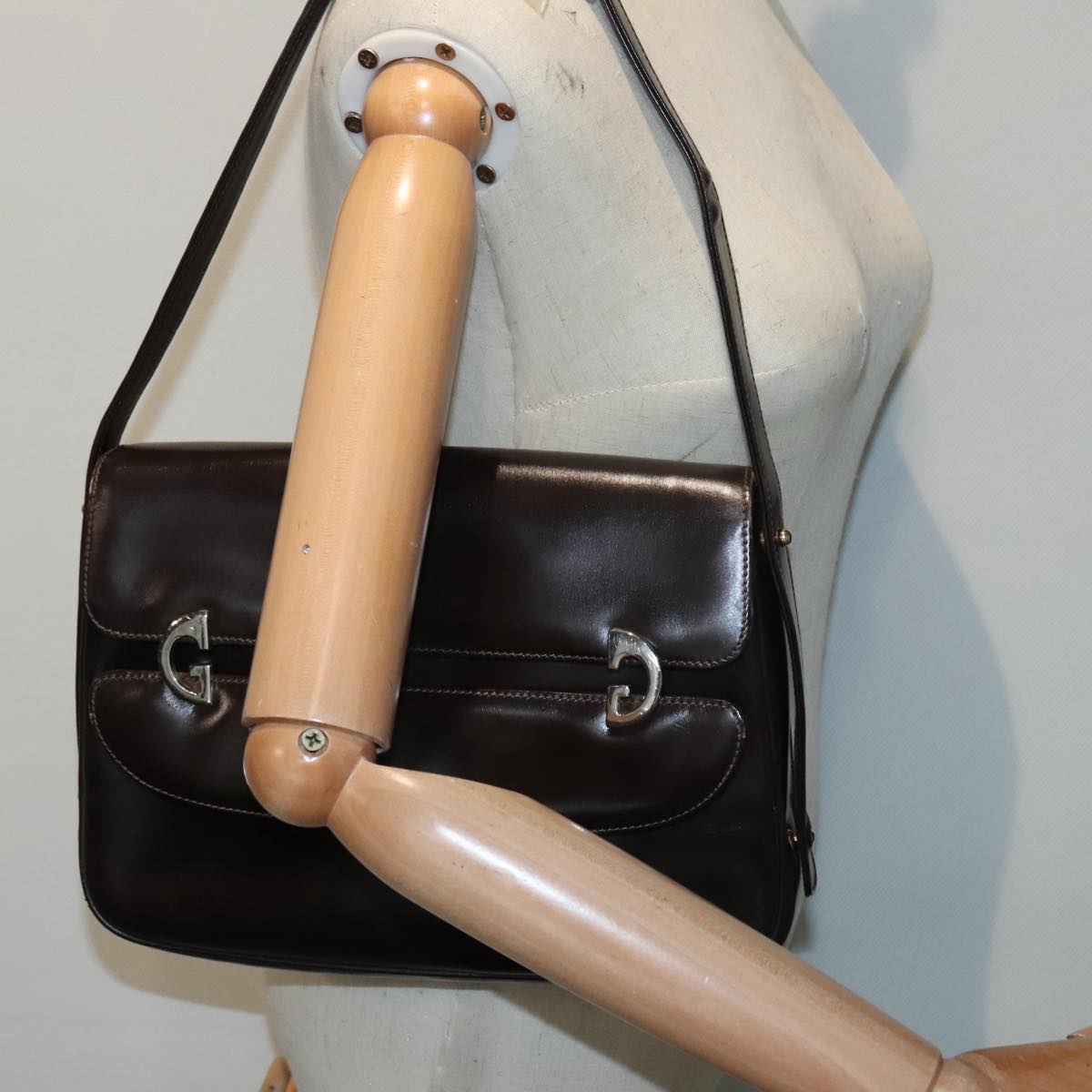 GUCCI Shoulder Bag Leather Brown Silver ep5673
