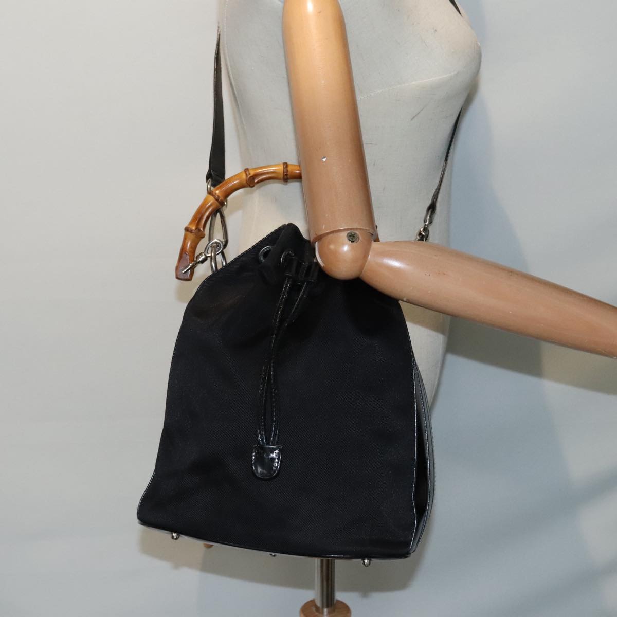 GUCCI Bamboo Hand Bag Nylon 2way Black Silver 001 3754 1657 ep5681