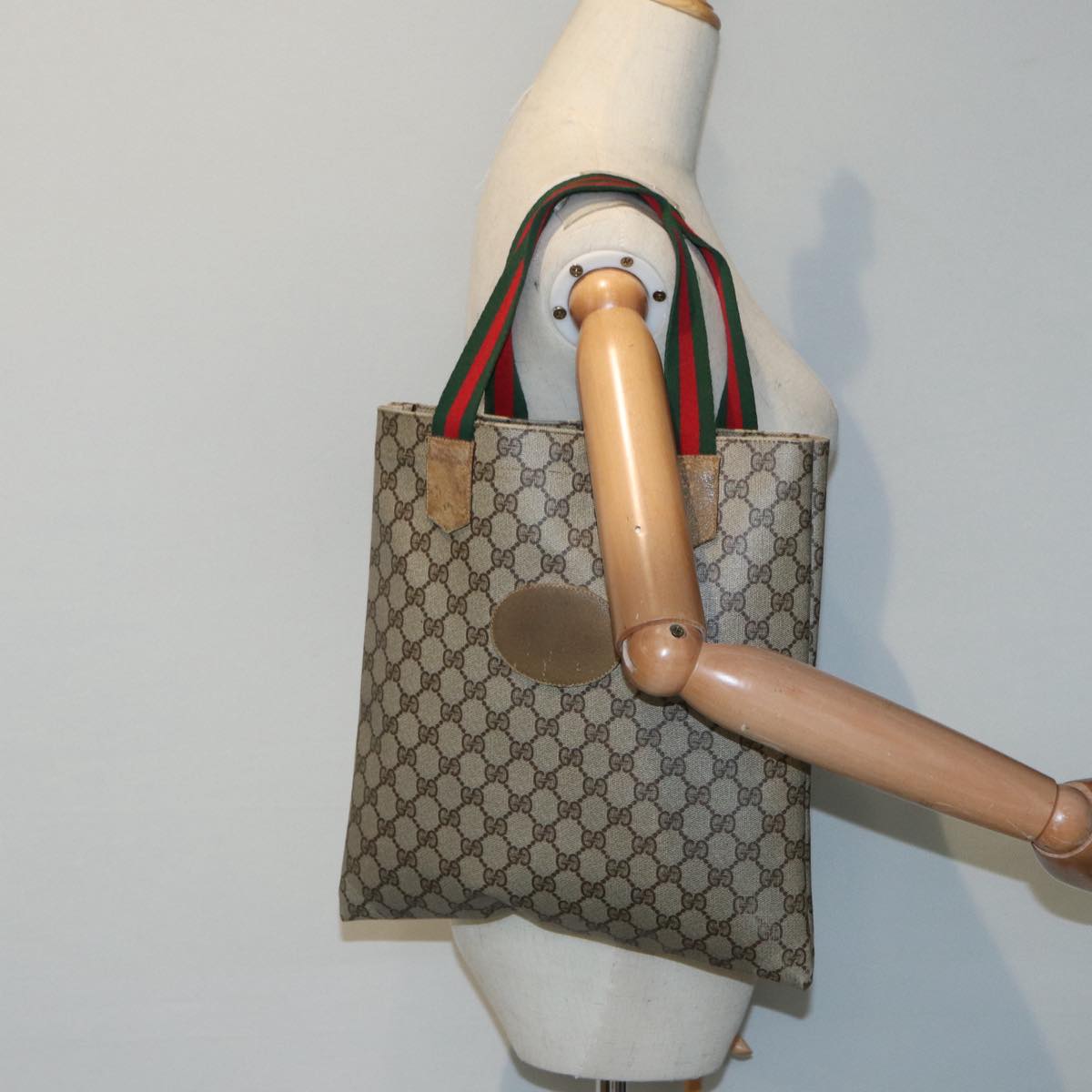 GUCCI GG Supreme Web Sherry Line Tote Bag PVC Beige Red 02 37 1300 ep5684