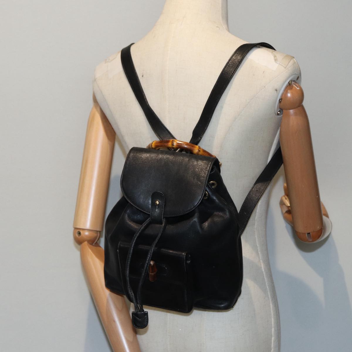 GUCCI Bamboo Backpack Leather Black Gold 003 2034 0030 ep5694