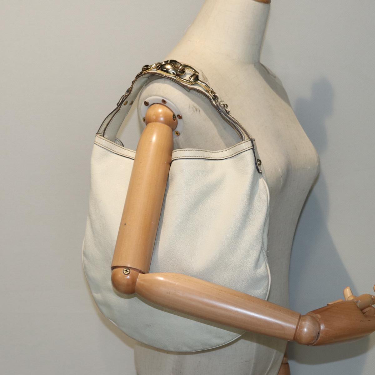 GUCCI Horsebit Shoulder Bag Leather Beige Gold 170013 ep5698