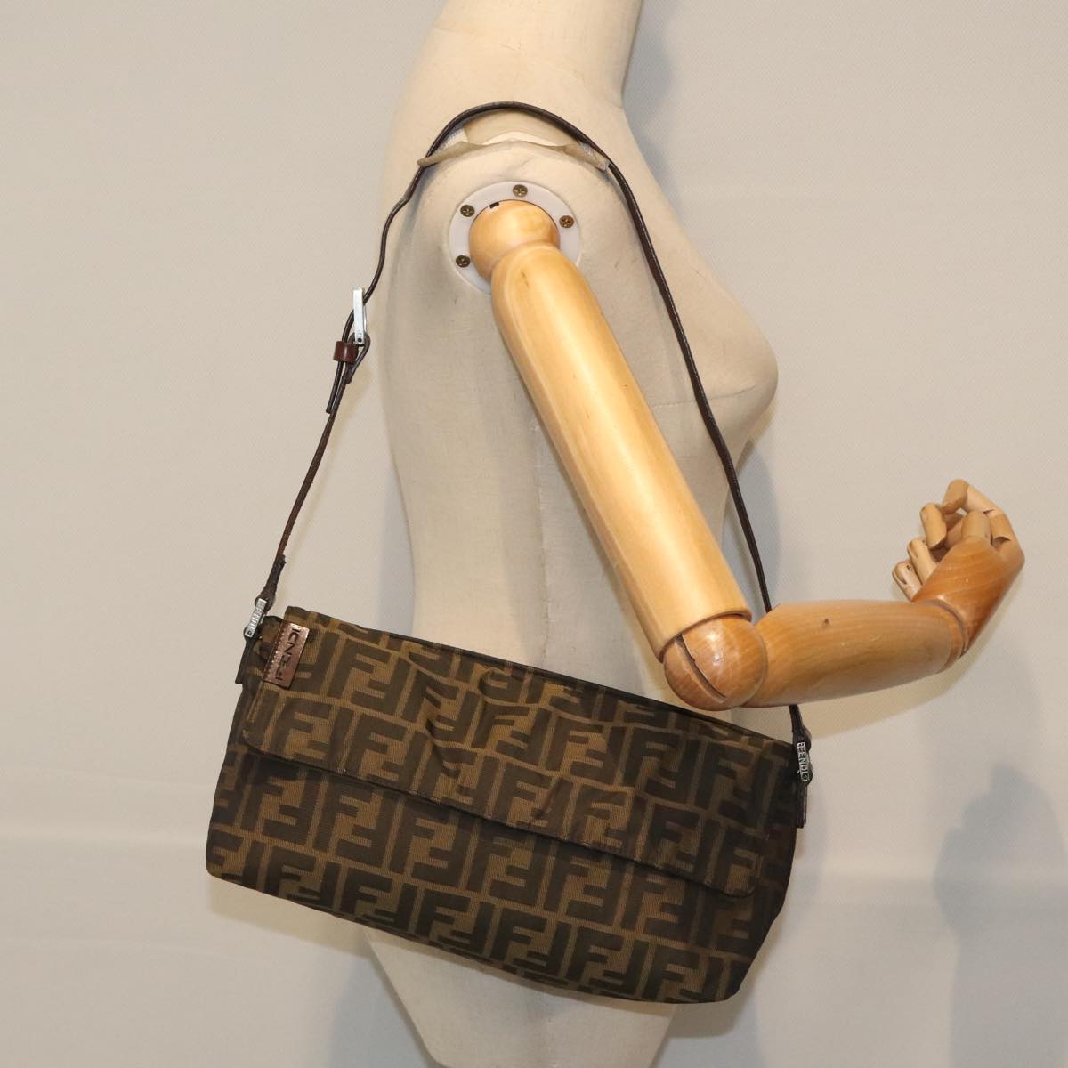 FENDI Zucca Canvas Shoulder Bag Brown Black Gold ep5867