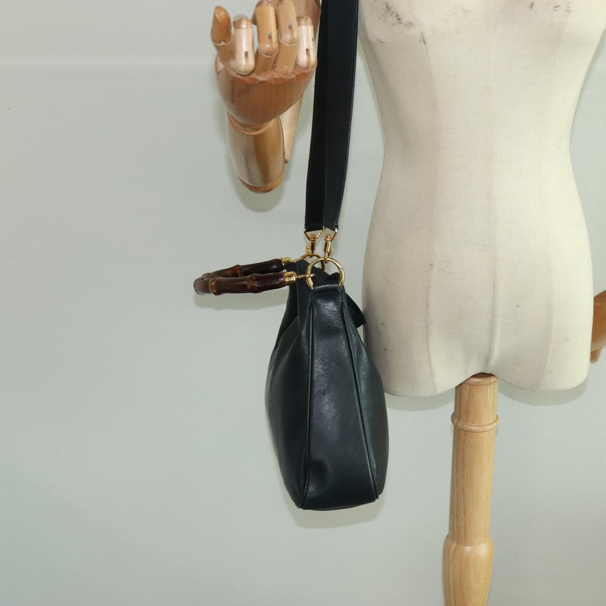 GUCCI Bamboo Hand Bag Leather 2way Black Gold 001 3754 1638 ep6234