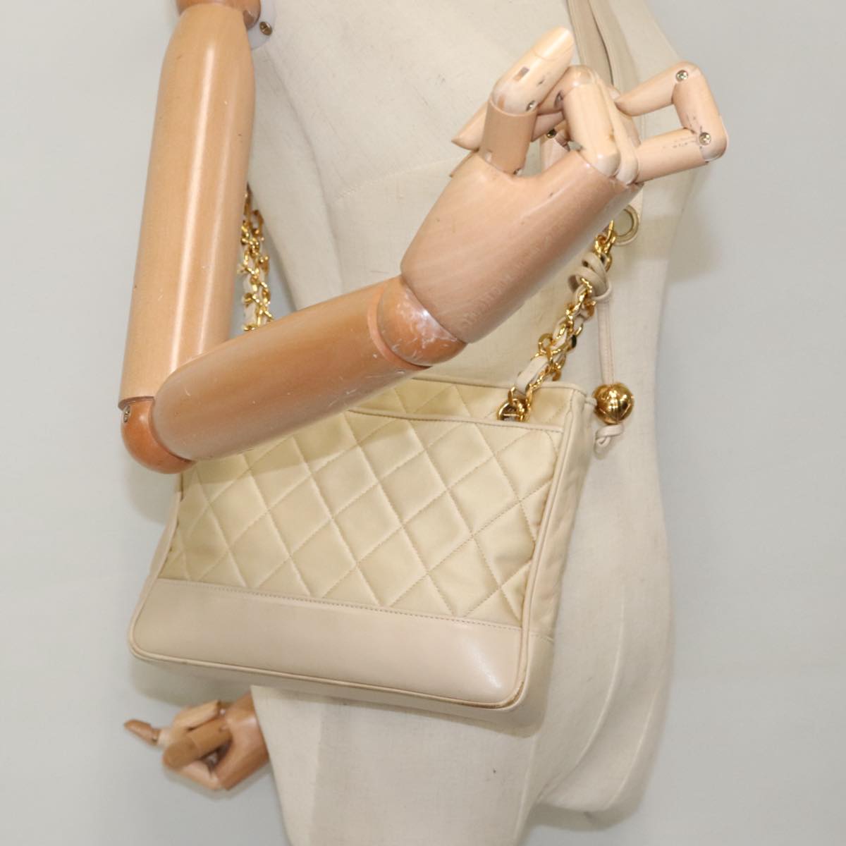 CHANEL Matelasse Chain Shoulder Bag Satin Beige Gold CC ep6261