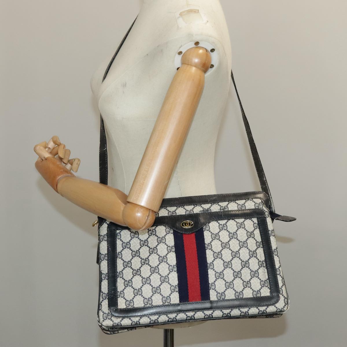 GUCCI GG Supreme Sherry Line Shoulder Bag PVC Navy Gold Red 010 378 ep6279