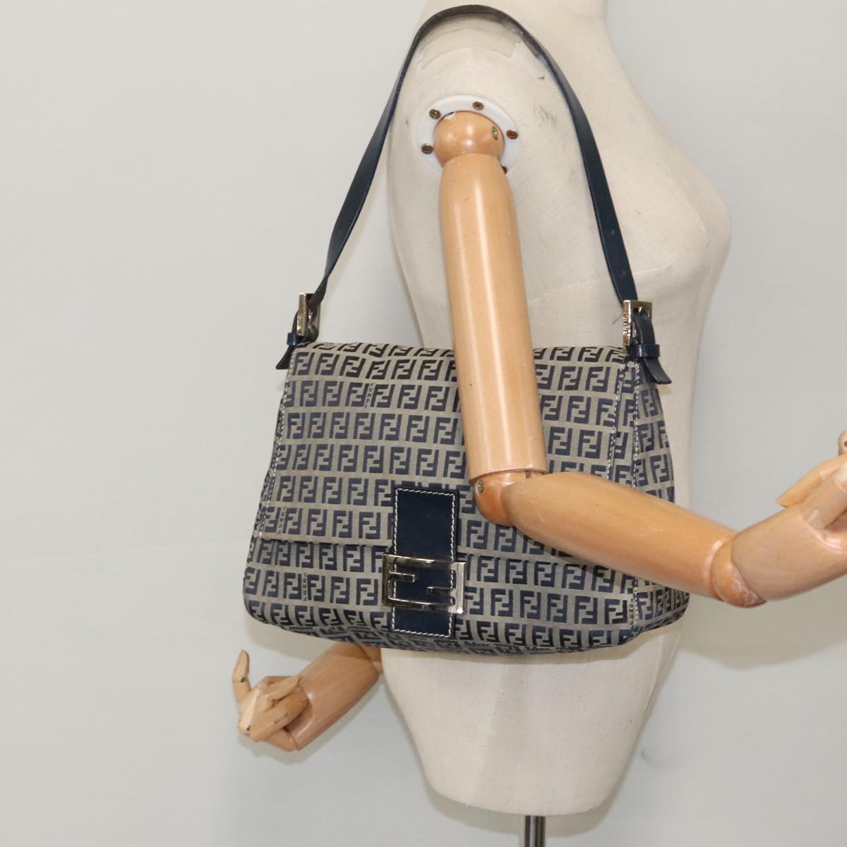 FENDI Zucchino Canvas Mamma Baguette Shoulder Bag Navy Silver ep6302