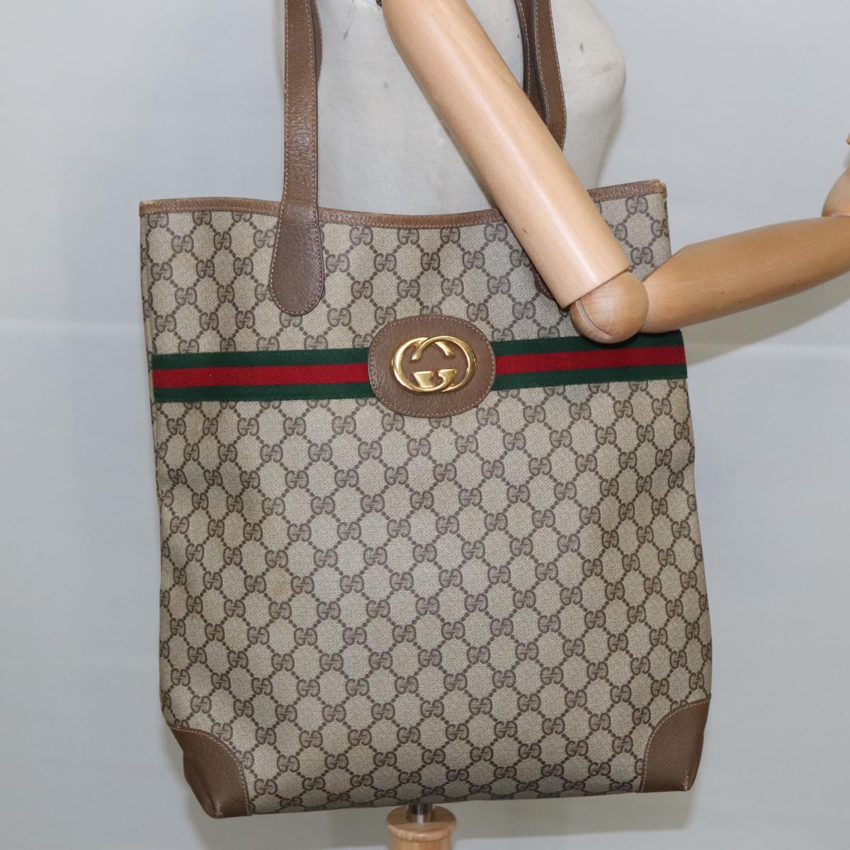 GUCCI GG Supreme Web Sherry Line Interlocking Tote Bag PVC Beige ep6353