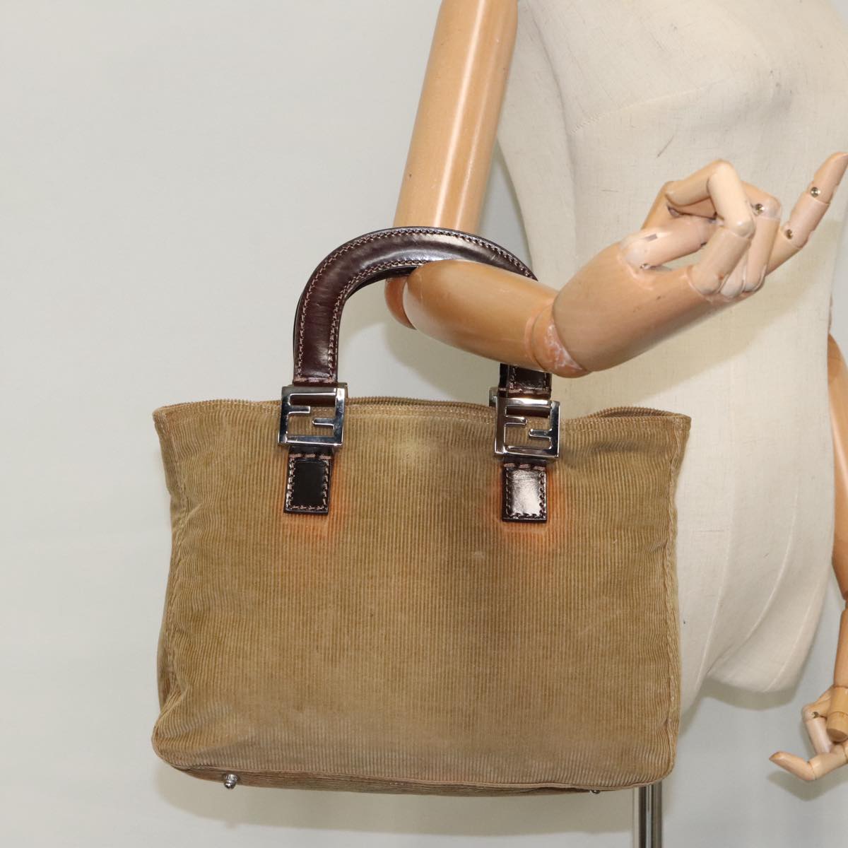 FENDI Hand Bag Corduroy Brown Silver ep6446