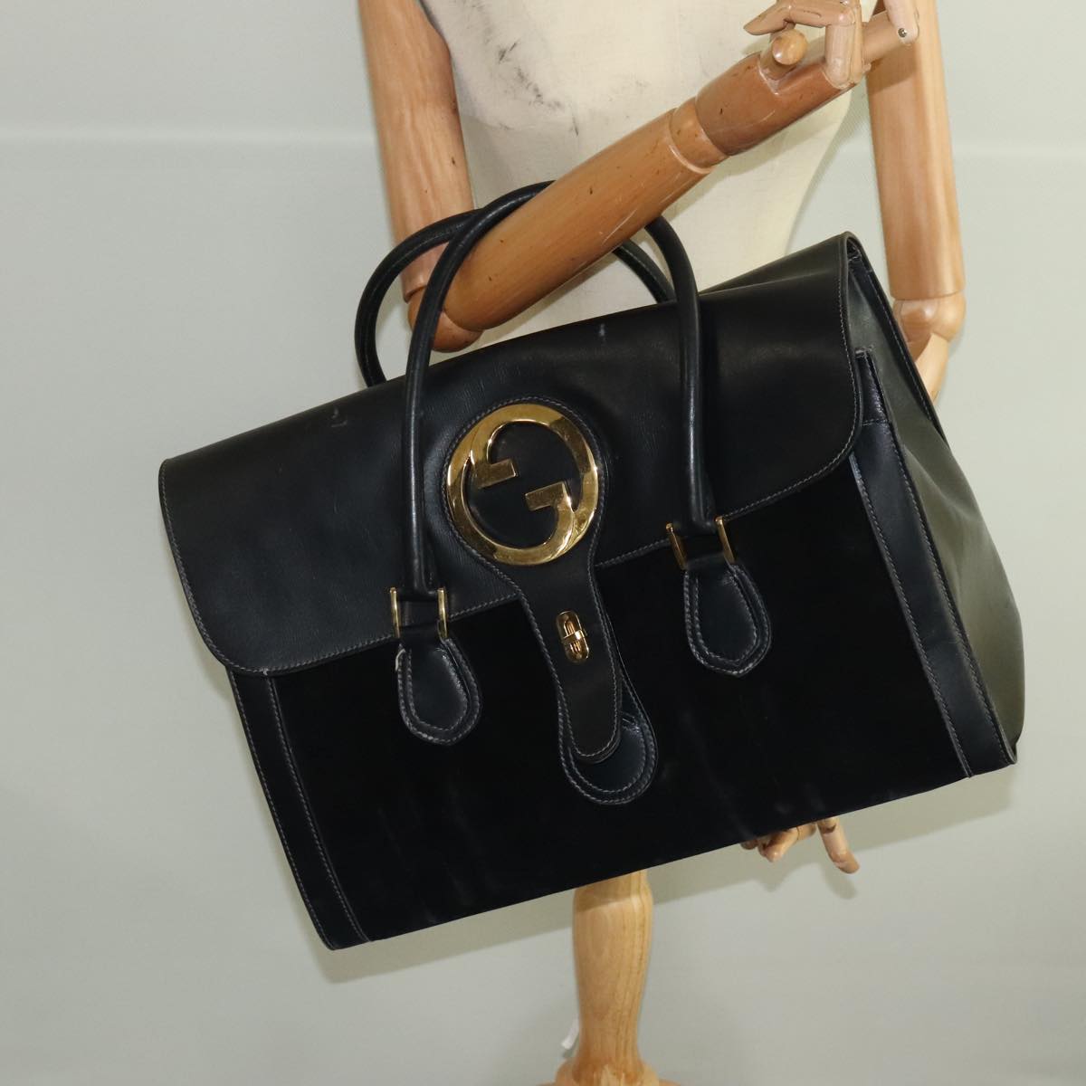 GUCCI Boston Bag Leather Suede Navy ep6503