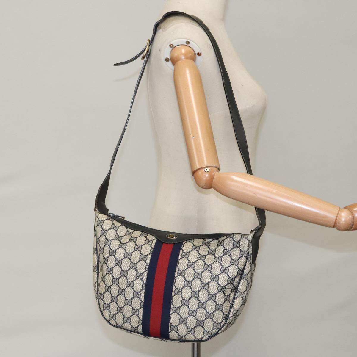 GUCCI GG Supreme Sherry Line Shoulder Bag PVC Navy Red 10 2 3840 ep6578