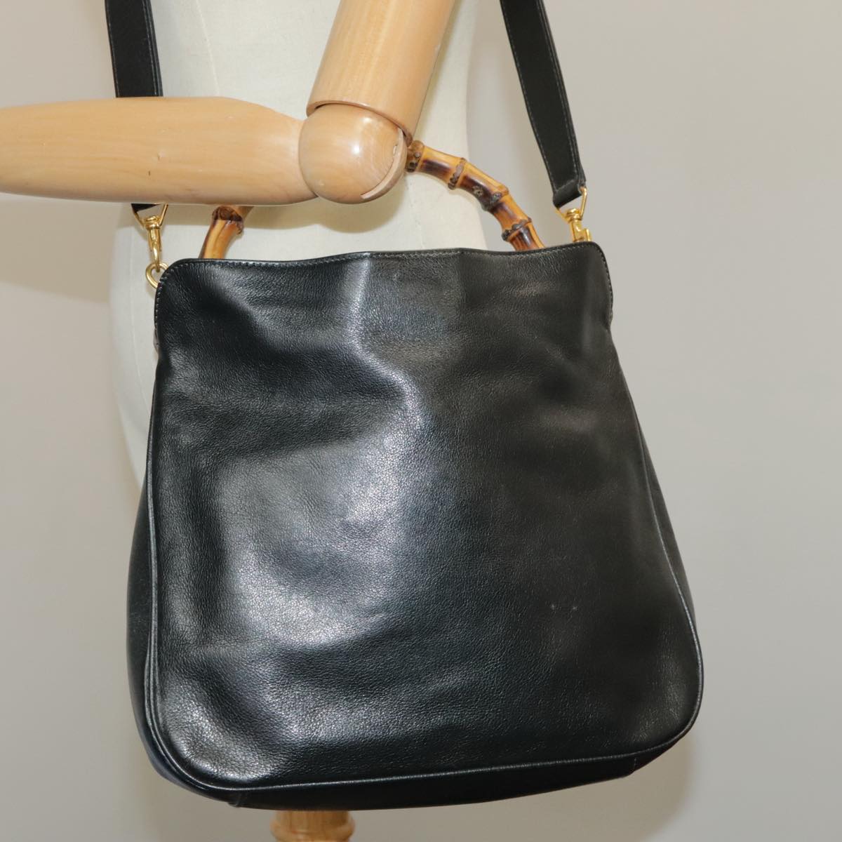 GUCCI Bamboo Hand Bag Leather 2way Black Gold 000 1448 1638 ep6587