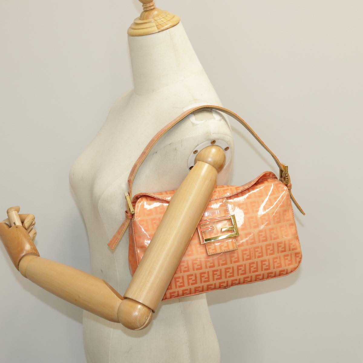 FENDI Zucchino Canvas Mamma Baguette Shoulder Bag Enamel Gold Orange ep6654