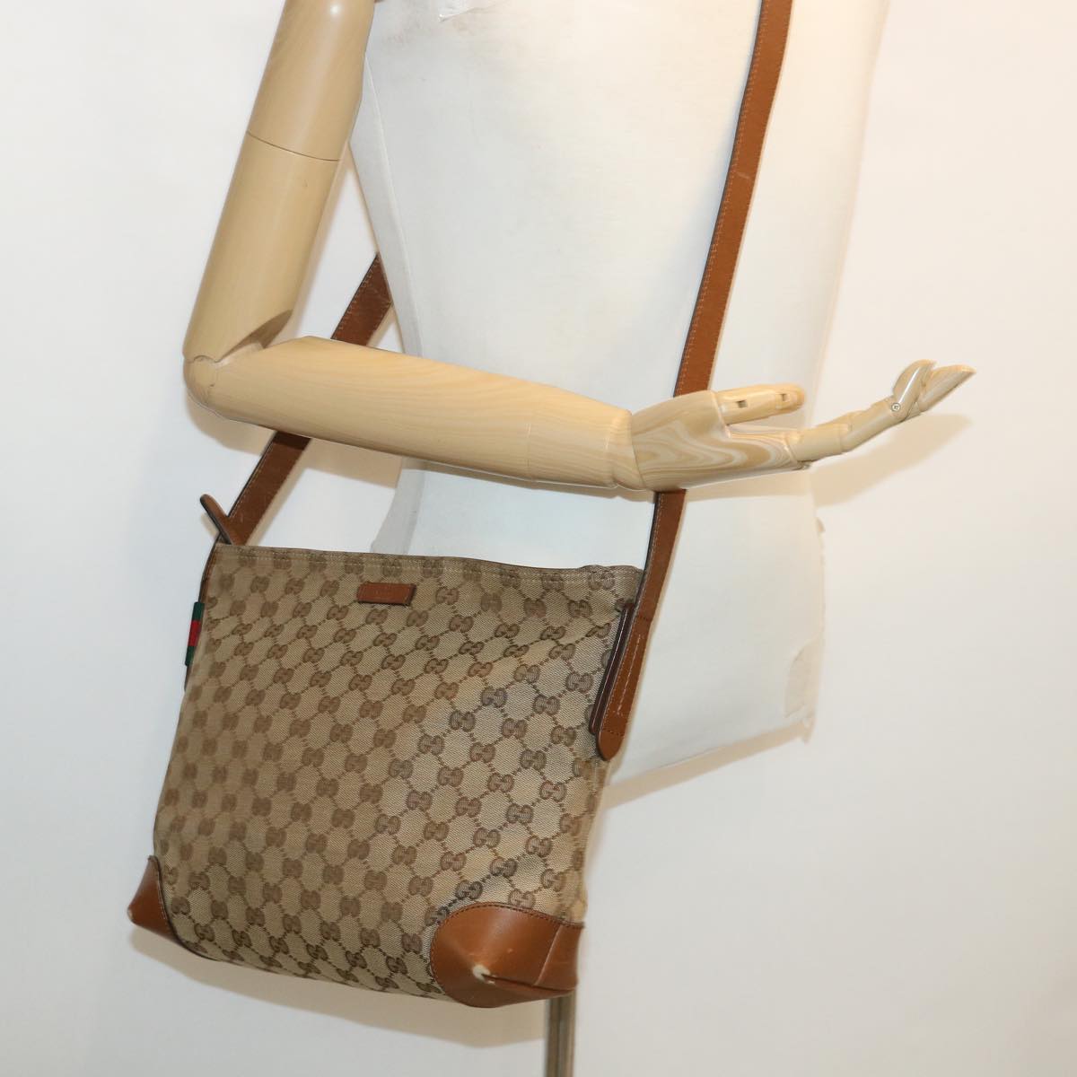 GUCCI Web Sherry Line GG Canvas Shoulder Bag Beige Brown Green 337598 ep701