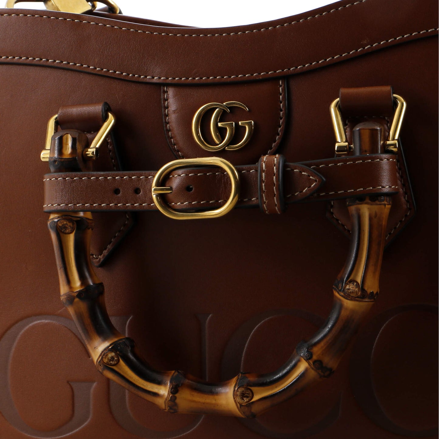 Diana NM Logo Bamboo Handle Tote Embossed Leather Small