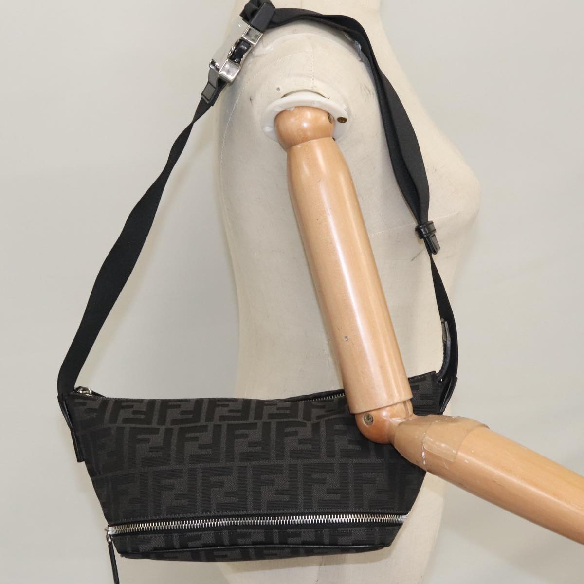 FENDI Zucca Canvas Shoulder Bag Black FF3878A