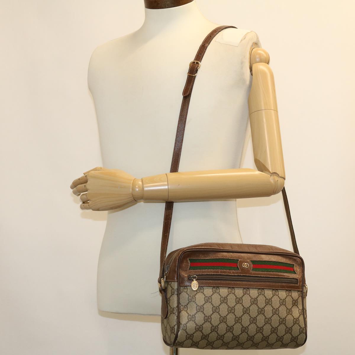 GUCCI GG Canvas Web Sherry Line Shoulder Bag PVC Leather Beige Green fm2201