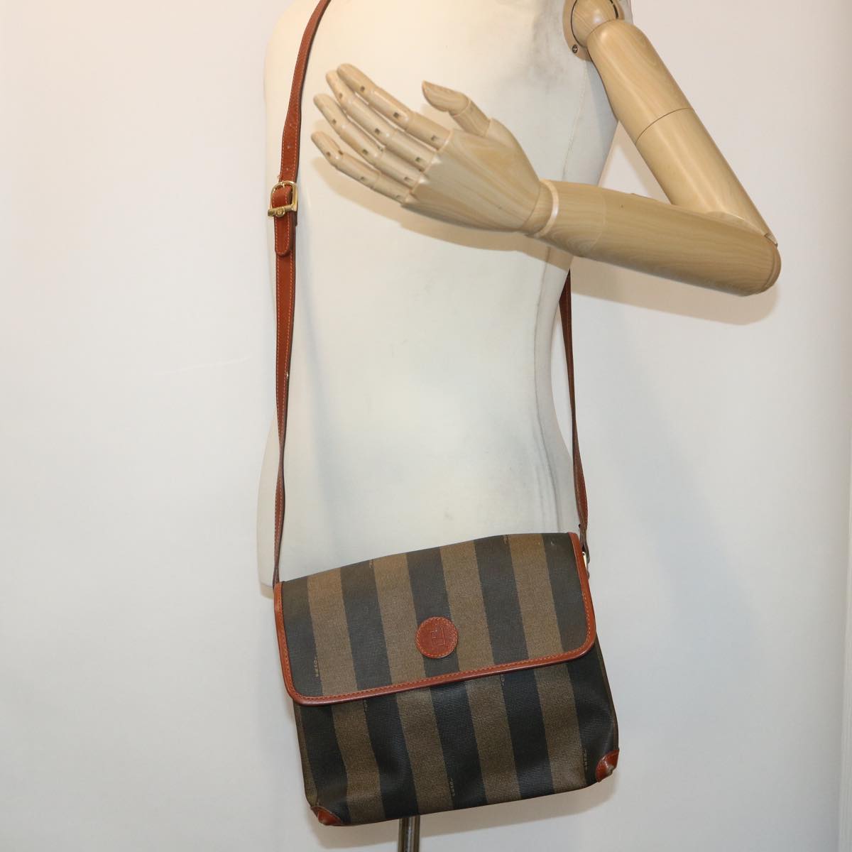 FENDI Pecan Canvas Shoulder Bag Black Brown fm2527